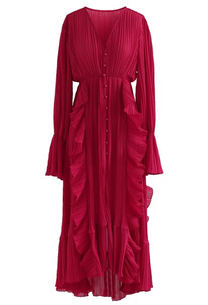 فستان شيفون طويل بكشكشة غير متماثل وطيات باللون الأحمر