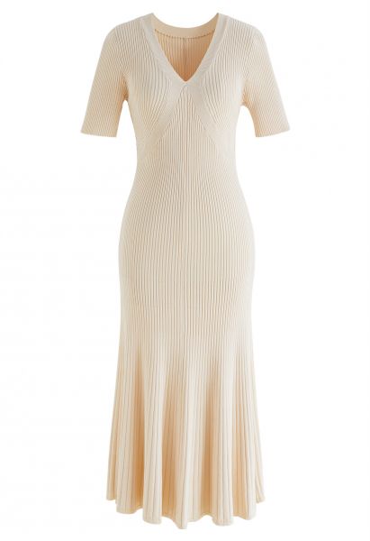 V-Neck Short Sleeve Ribbed Knit Dress in Cream