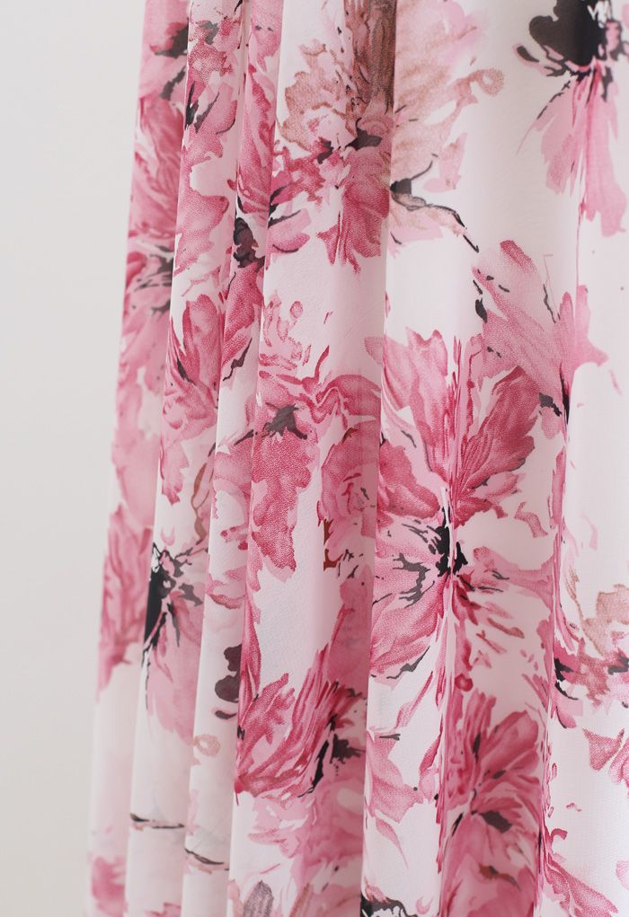 تنورة ماكسي شيفون بنقشة الزهور المفضلة الخالدة باللون الوردي