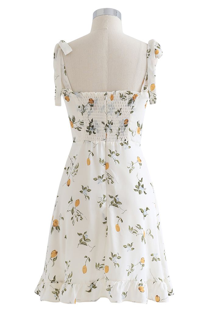 فستان قصير بحمالات مطبعة برباط على شكل فرع الليمون كيتي