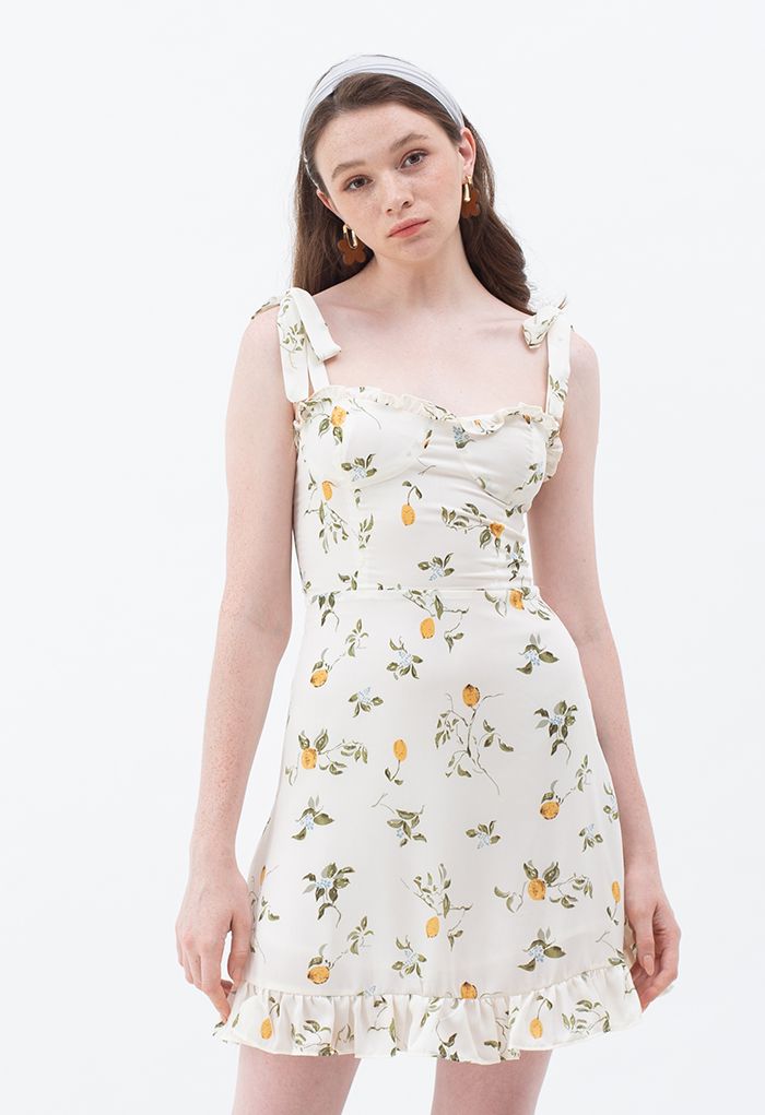 فستان قصير بحمالات مطبعة برباط على شكل فرع الليمون كيتي