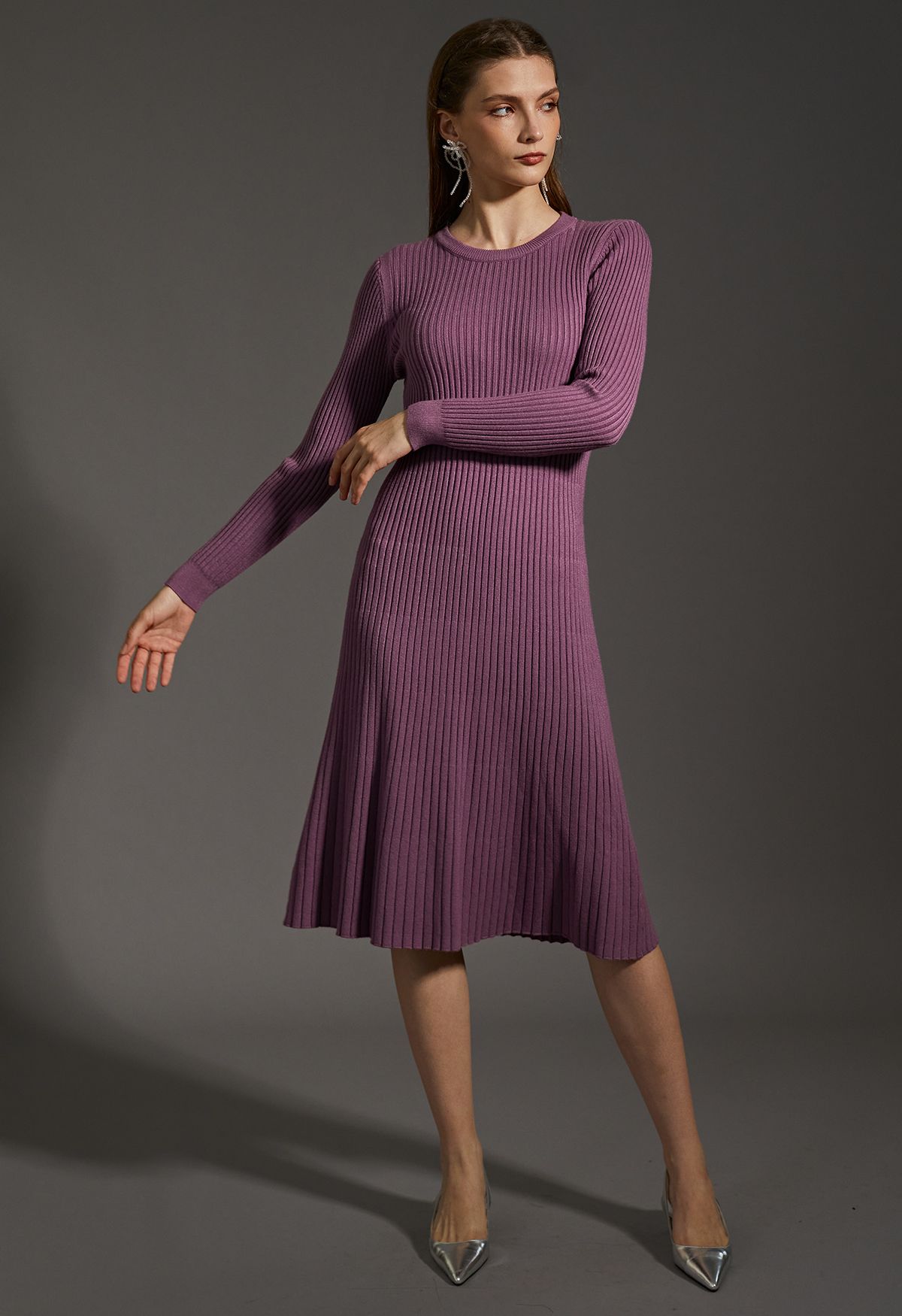 Ribbed Texture Frilling Midi Dress in Purple