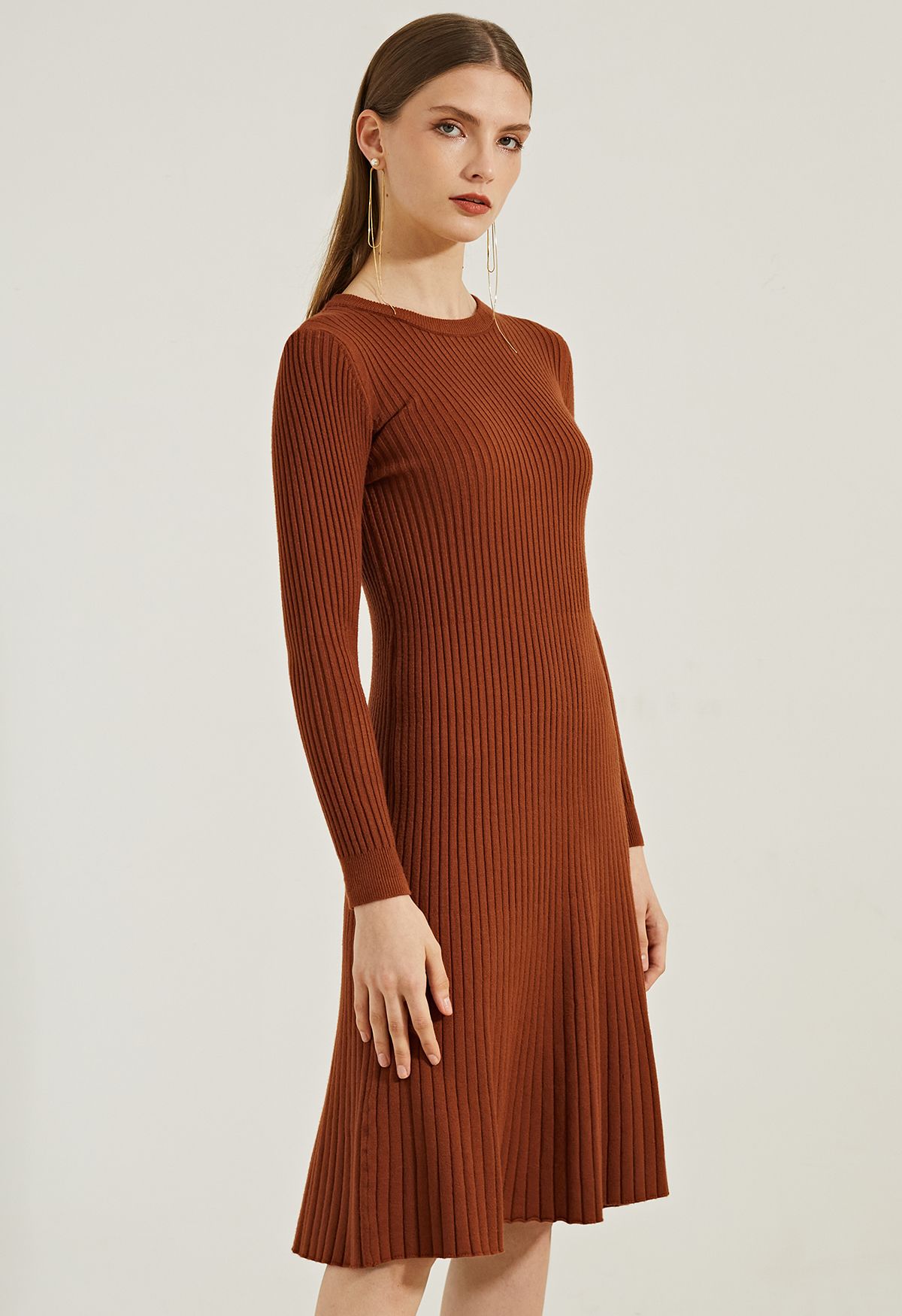 Ribbed Texture Frilling Midi Dress in Caramel