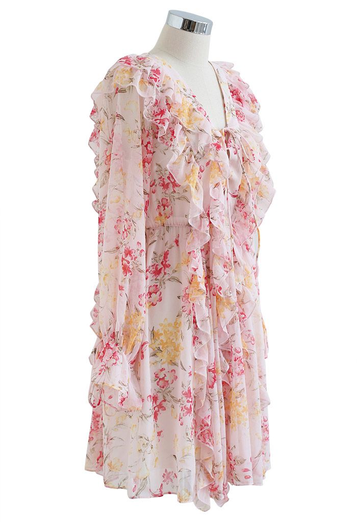 فستان قصير مكشكش بألوان مائية وأزهار برباط