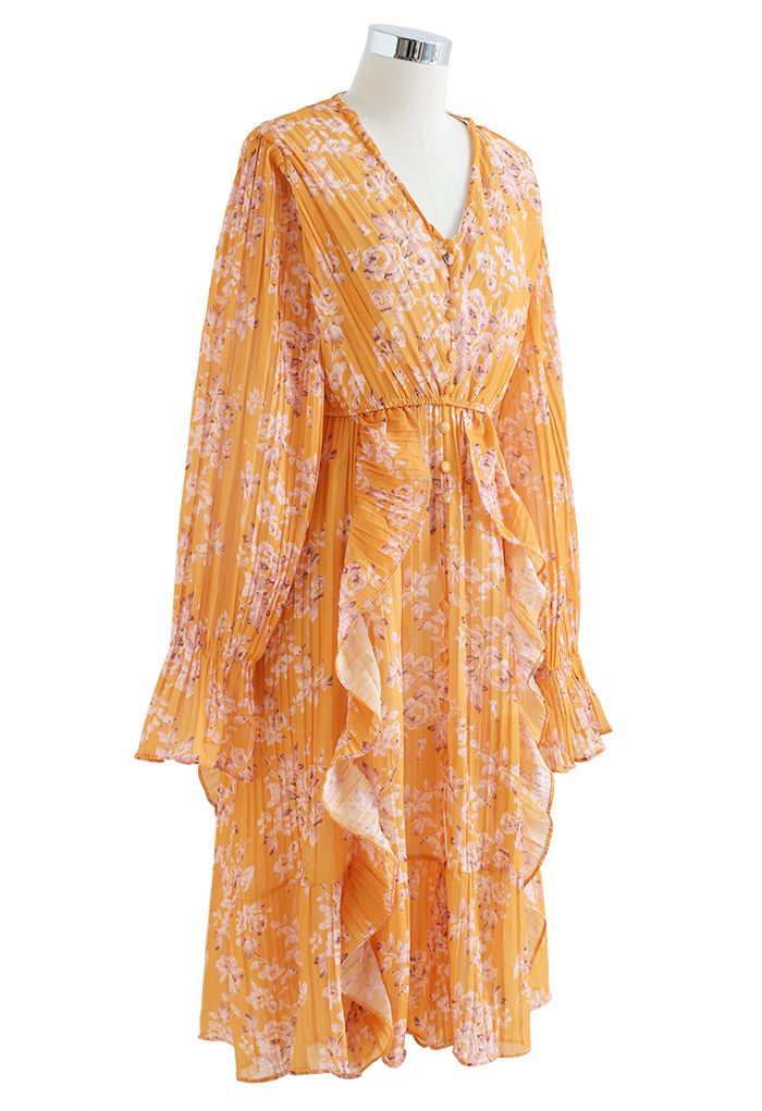 فستان متوسط الطول بكشكشة وحافة مكشكشة باللون البرتقالي