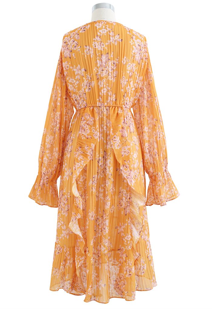 فستان متوسط الطول بكشكشة وحافة مكشكشة باللون البرتقالي