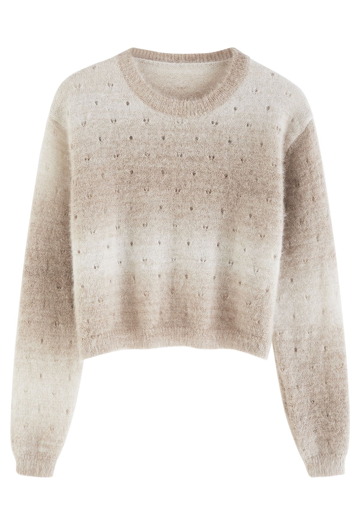Ombre Eyelet Fuzzy Crop Sweater بلون أسمر فاتح