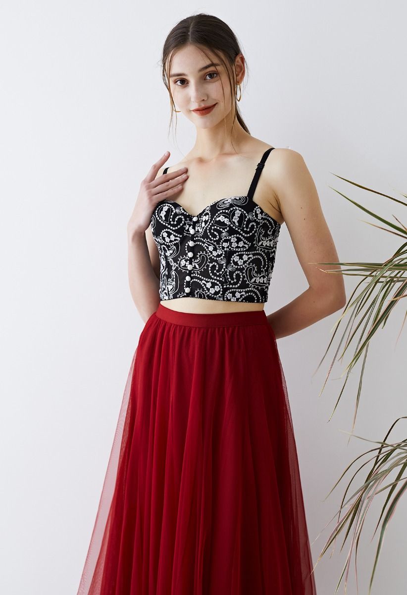 Floral Embroidered Bustier Crop Top in Black