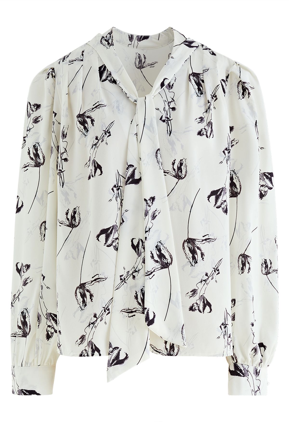 Tulip Print V-Neck Satin Shirt in White