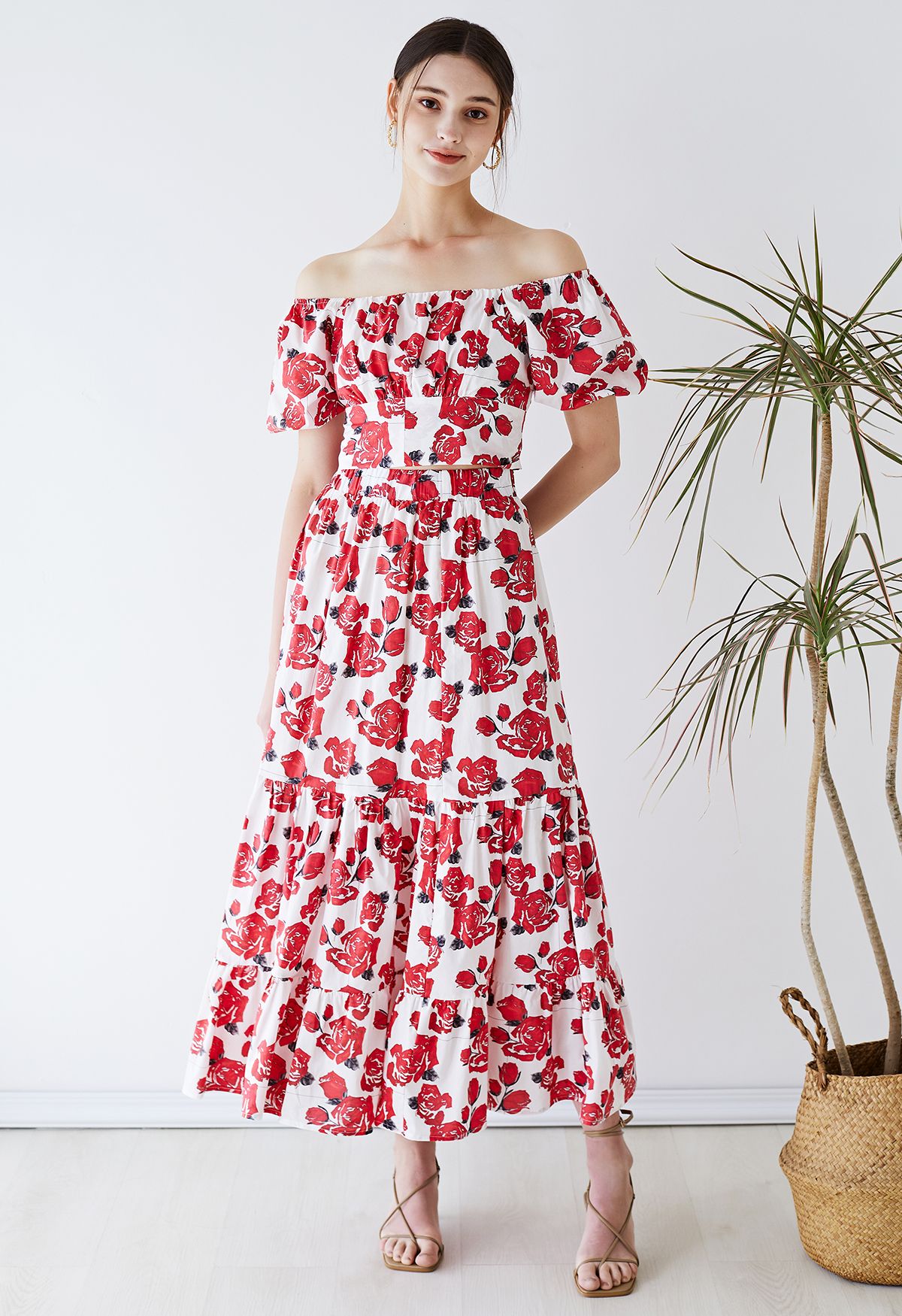 Off-Shoulder Bowknot Crop Top and Flare Skirt Set in Red Rose