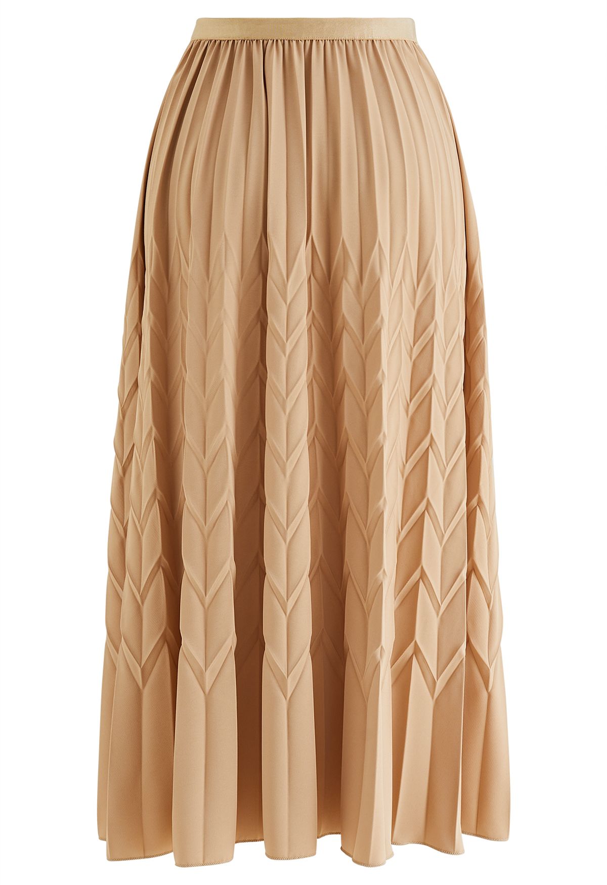 Zigzag Embossed Pleated Midi Skirt in Tan