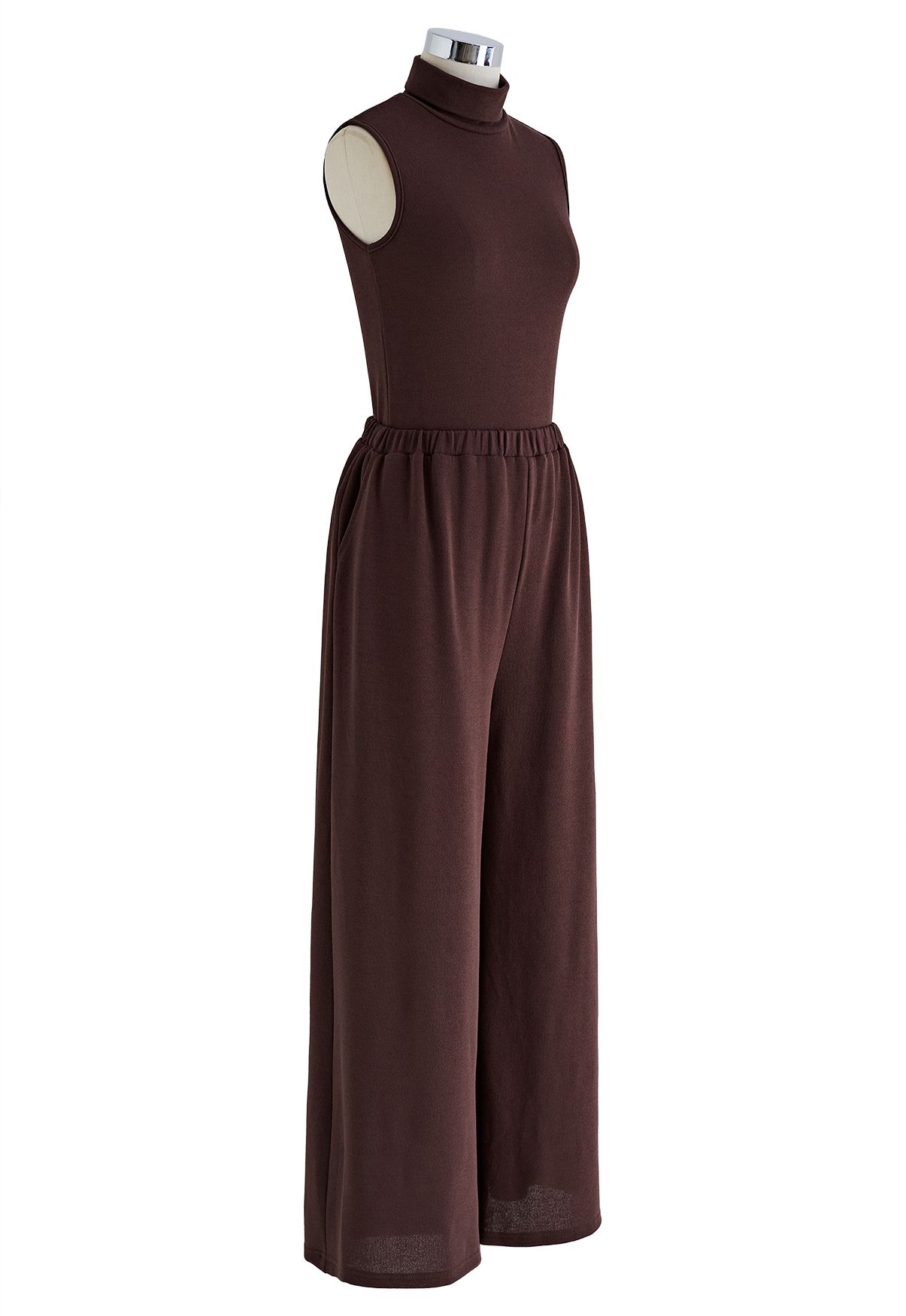 High Neck Sleeveless Top and Pants Set in Burgundy
