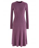 Ribbed Texture Frilling Midi Dress in Purple