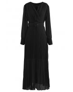 فستان طويل من الشيفون بتصميم ملفوف وطيات باللون الأسود