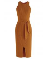 Front Slit Tie Waist Sleeveless Knit Dress in Tan
